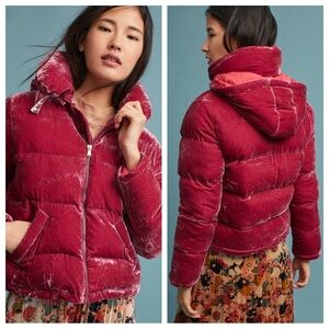 Rachel Antonoff Peggy Velvet Puffer Coat Zip-Up Jacket Hooded Pockets Pink